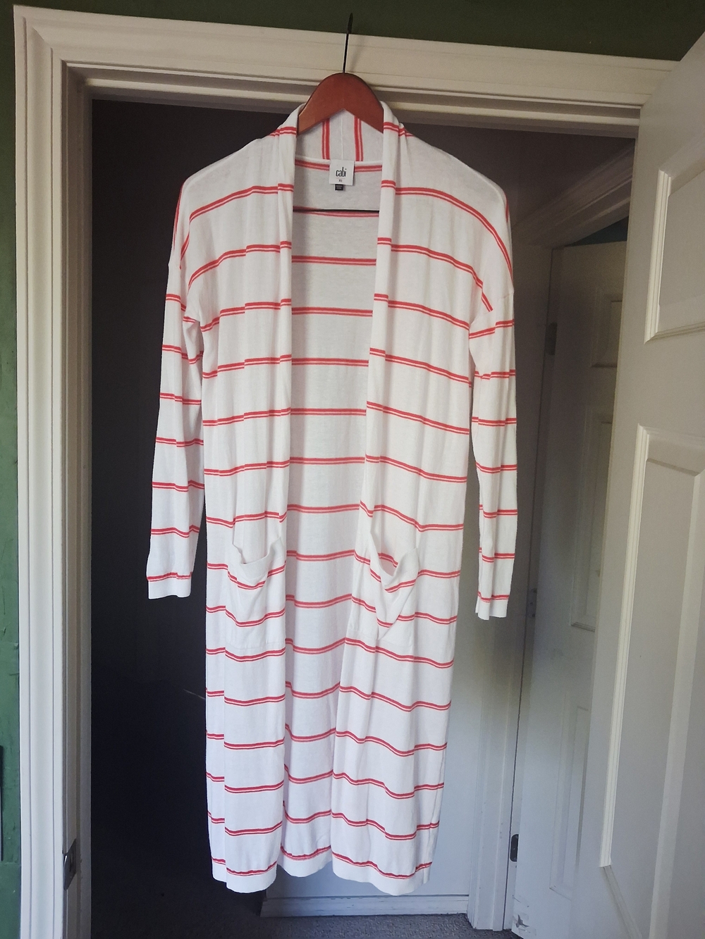Cabi Women's Stroll Long Cardigan Sweater Duster Orange Stripe Size XS Excellent